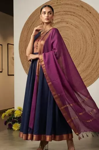 Blue jaquard pure cotton long kurti with dupatta