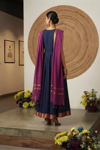 Blue jaquard pure cotton long kurti with dupatta