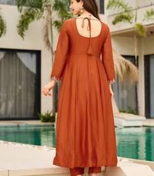 Brown embroidered vichitra silk anarkali kurti dupatta pant set