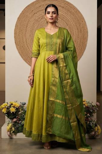Lemon yellow jaquard pure cotton long kurti with dupatta