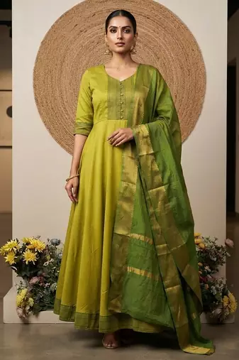 Lemon yellow jaquard pure cotton long kurti with dupatta