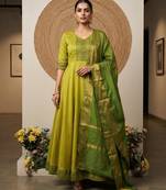 Lemon yellow jaquard pure cotton long kurti with dupatta
