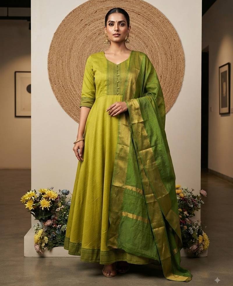 Lemon yellow jaquard pure cotton long kurti with dupatta