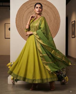 Lemon yellow jaquard pure cotton long kurti with dupatta 2