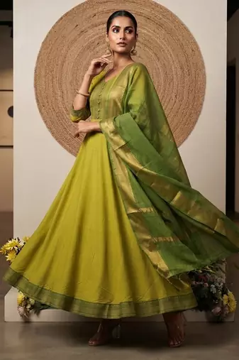 Lemon yellow jaquard pure cotton long kurti with dupatta