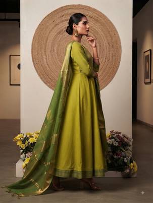 Lemon yellow jaquard pure cotton long kurti with dupatta 3