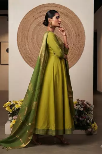 Lemon yellow jaquard pure cotton long kurti with dupatta