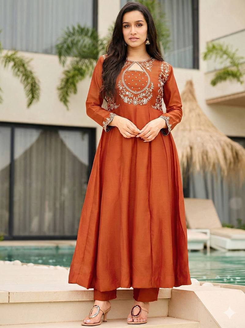 Brown embroidered vichitra silk anarkali kurti dupatta pant set