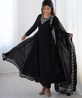 Women's Beautiful Embroidery work Fox Georgette Fabric Flared Anarkali Pant and Dupatta Set 1