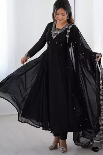 Women's Beautiful Embroidery work Fox Georgette Fabric Flared Anarkali Pant and Dupatta Set