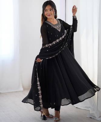 Women's Beautiful Embroidery work Fox Georgette Fabric Flared Anarkali Pant and Dupatta Set 3