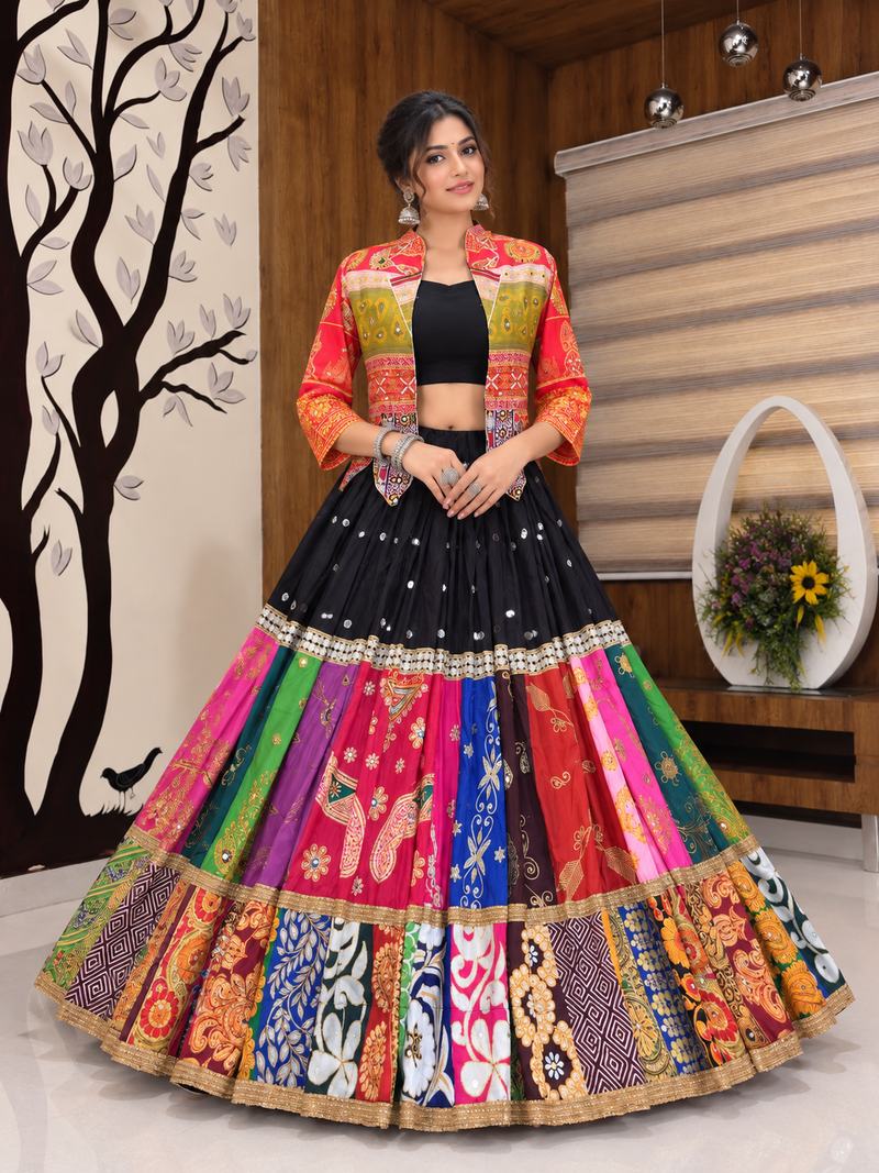 Muslin Cotton Chaniya Choli Set With Mirror Work And Koti