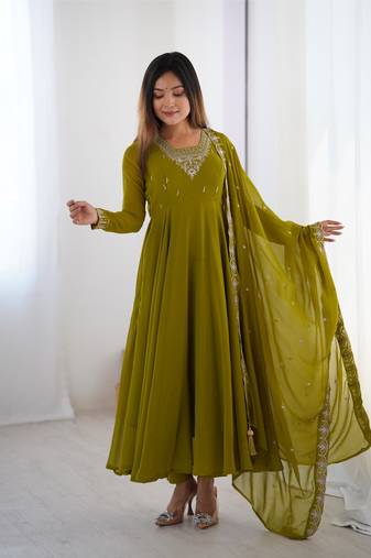 Women's Beautiful Embroidery work Fox Georgette Fabric Flared Anarkali Pant and Dupatta Set