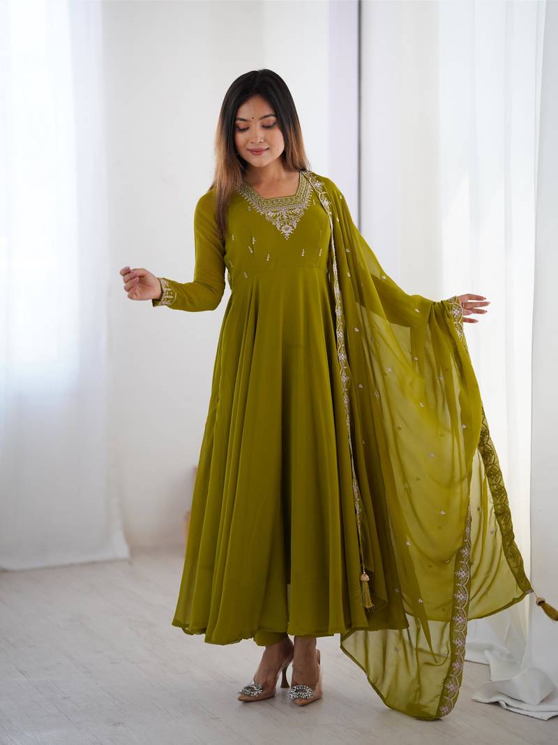 Women's Beautiful Embroidery work Fox Georgette Fabric Flared Anarkali Pant and Dupatta Set