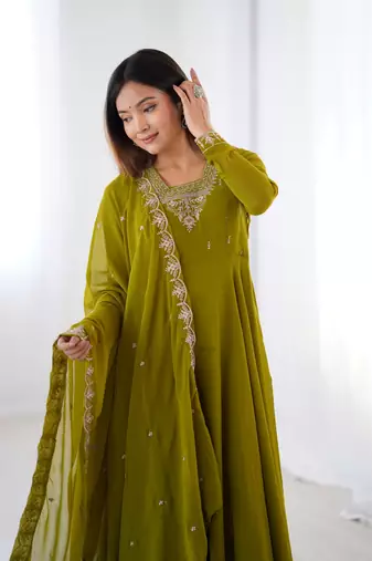 Women's Beautiful Embroidery work Fox Georgette Fabric Flared Anarkali Pant and Dupatta Set