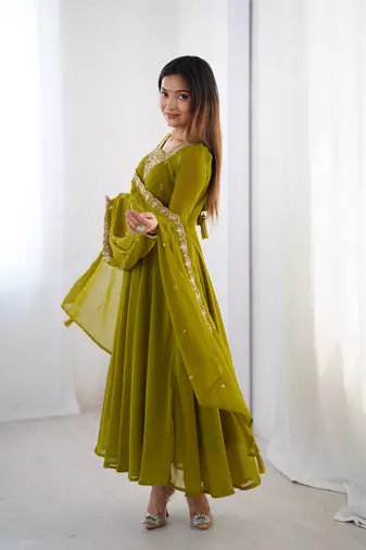 Women's Beautiful Embroidery work Fox Georgette Fabric Flared Anarkali Pant and Dupatta Set