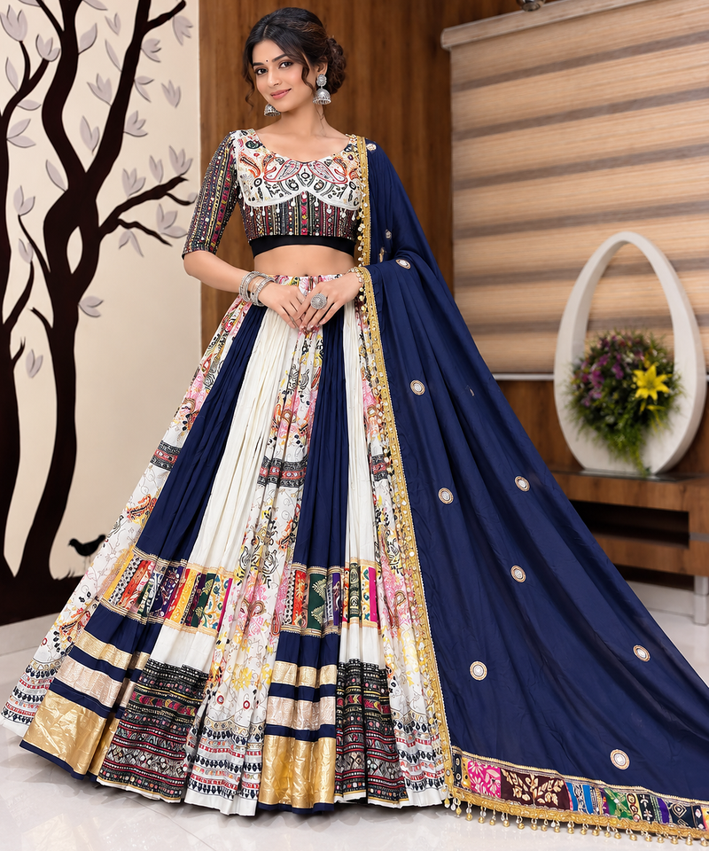 Muslin Cotton Lehenga Choli Set With Mirror Work And Kodi Lace