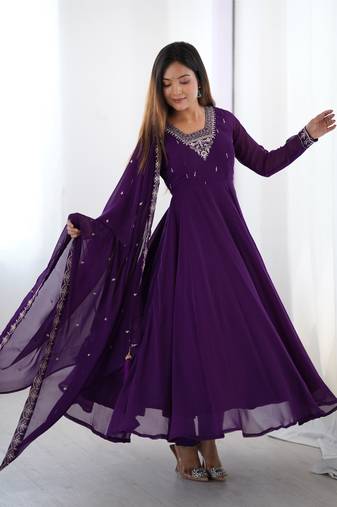 Women's Beautiful Embroidery work Fox Georgette Fabric Flared Anarkali Pant and Dupatta Set