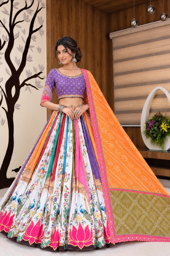Muslin Cotton Lehenga Choli Set With Digital Print And Mirror Work