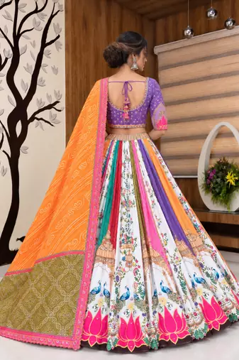 Muslin Cotton Lehenga Choli Set With Digital Print And Mirror Work