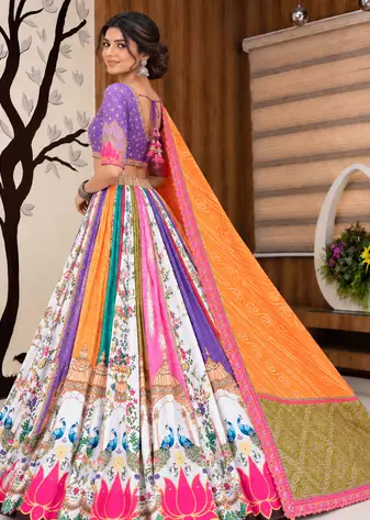 Muslin Cotton Lehenga Choli Set With Digital Print And Mirror Work