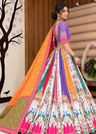 Muslin Cotton Lehenga Choli Set With Digital Print And Mirror Work