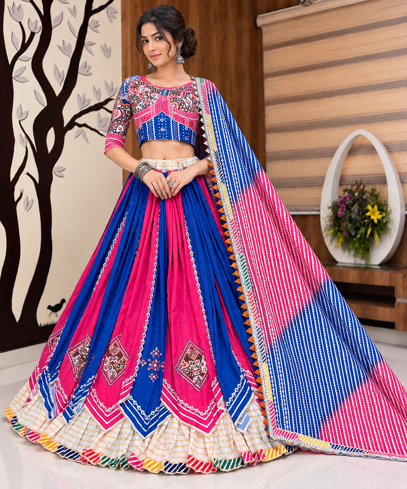Muslin Cotton Double Layer Lehenga Choli Set With Mirror Work