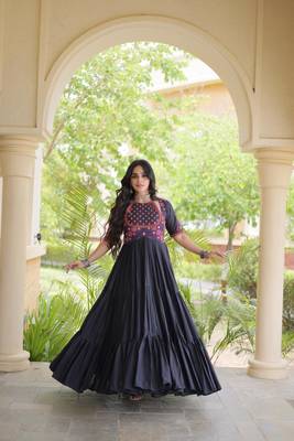 Black kora cotton with multi thread embroidered and real mirror work navratri gown 1