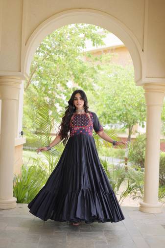 Black kora cotton with multi thread embroidered and real mirror work navratri gown