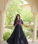 Black kora cotton with multi thread embroidered and real mirror work navratri gown