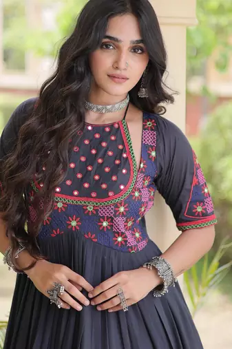Black kora cotton with multi thread embroidered and real mirror work navratri gown