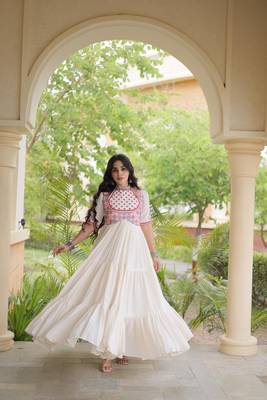 White kora cotton with multi thread embroidered and real mirror work navratri gown 1