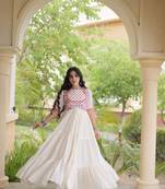 White kora cotton with multi thread embroidered and real mirror work navratri gown