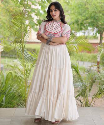 White kora cotton with multi thread embroidered and real mirror work navratri gown 2