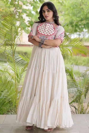 White kora cotton with multi thread embroidered and real mirror work navratri gown