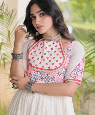 White kora cotton with multi thread embroidered and real mirror work navratri gown 3