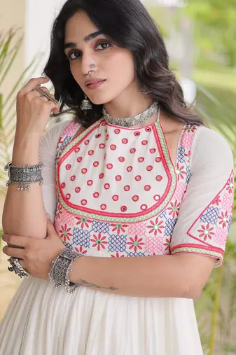 White kora cotton with multi thread embroidered and real mirror work navratri gown
