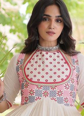 White kora cotton with multi thread embroidered and real mirror work navratri gown 4