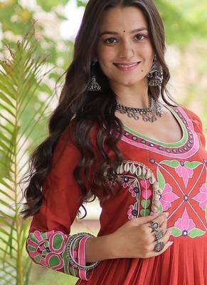 Rust kora cotton with multi thread embroidered and real mirror work navratri gown 2