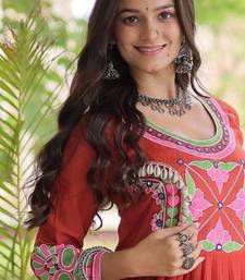 Rust kora cotton with multi thread embroidered and real mirror work navratri gown