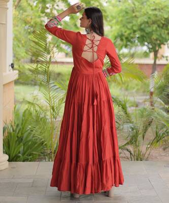 Rust kora cotton with multi thread embroidered and real mirror work navratri gown 3
