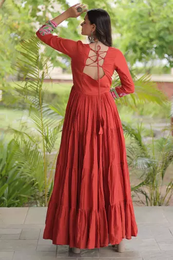 Rust kora cotton with multi thread embroidered and real mirror work navratri gown