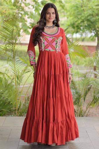 Rust kora cotton with multi thread embroidered and real mirror work navratri gown