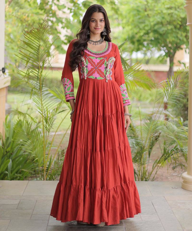 Rust kora cotton with multi thread embroidered and real mirror work navratri gown