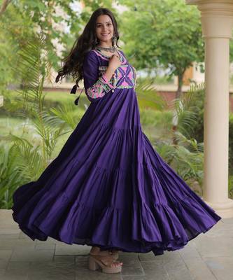 Purple kora cotton with multi thread embroidered and real mirror work navratri gown 1
