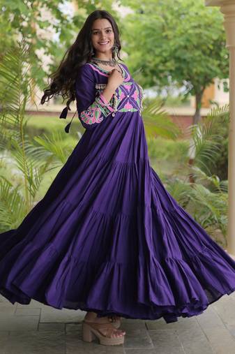 Purple kora cotton with multi thread embroidered and real mirror work navratri gown