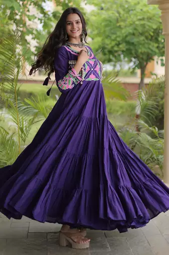 Purple kora cotton with multi thread embroidered and real mirror work navratri gown