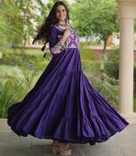 Purple kora cotton with multi thread embroidered and real mirror work navratri gown