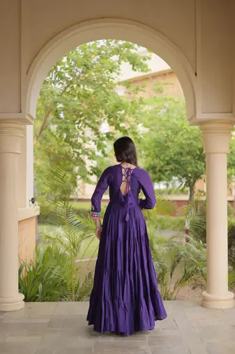 Purple kora cotton with multi thread embroidered and real mirror work navratri gown