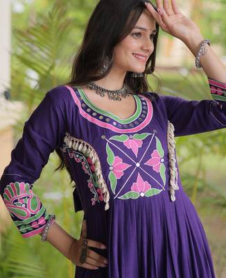 Purple kora cotton with multi thread embroidered and real mirror work navratri gown 3